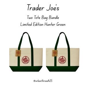 ❤️💚 NWT Trader Joe's Large Tote Cotton Canvas Embroidered Bag (BUNDLE OF 2)